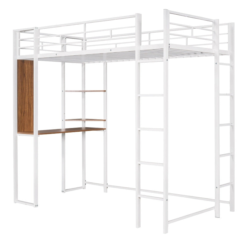 Twin Size Metal Loft Bed with Ladder, Fence, Shelves and Desk