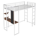 Twin Size Metal Loft Bed with Ladder, Fence, Shelves and Desk