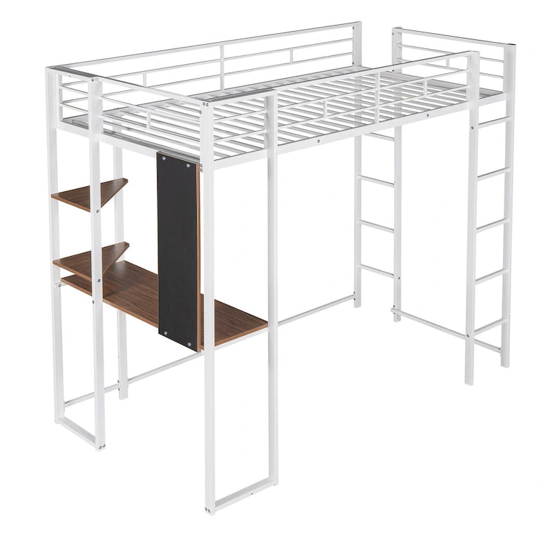 Twin Size Metal Loft Bed with Ladder, Fence, Shelves and Desk