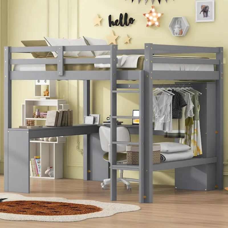 Solid Wood Loft Bed with L-Shaped Desk, Wardrobe and Storage Shelves
