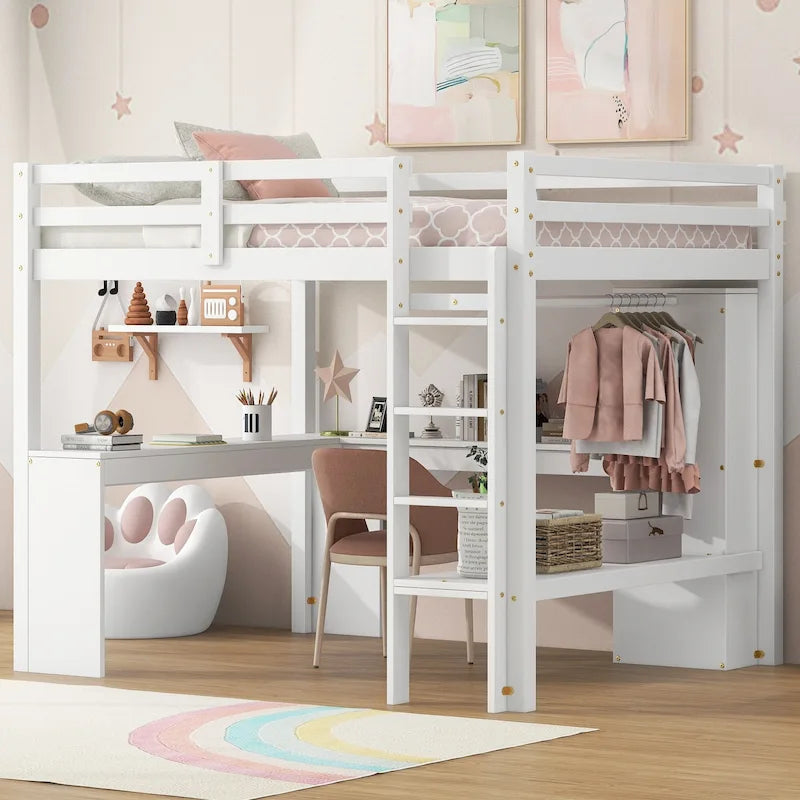 Solid Wood Loft Bed with L-Shaped Desk, Wardrobe and Storage Shelves