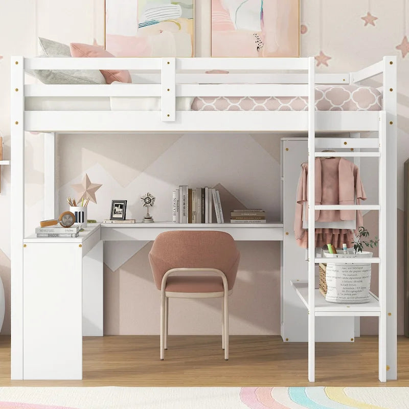 Solid Wiood Loft Bed with L-shaped Desk, Wardrobe and Storage Shelves