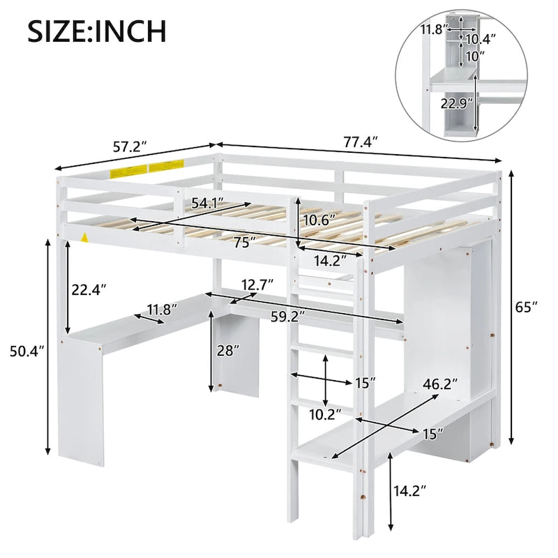 Solid Wood Loft Bed with L-Shaped Desk, Wardrobe and Storage Shelves