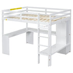 Solid Wood Loft Bed with L-Shaped Desk, Wardrobe and Storage Shelves