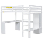 Solid Wood Loft Bed with L-Shaped Desk, Wardrobe and Storage Shelves