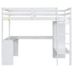 Solid Wood Loft Bed with L-Shaped Desk, Wardrobe and Storage Shelves