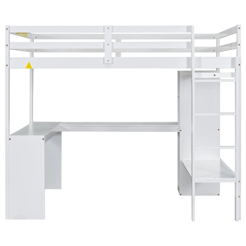 Solid Wood Loft Bed with L-Shaped Desk, Wardrobe and Storage Shelves