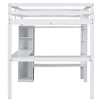 Solid Wood Loft Bed with L-Shaped Desk, Wardrobe and Storage Shelves