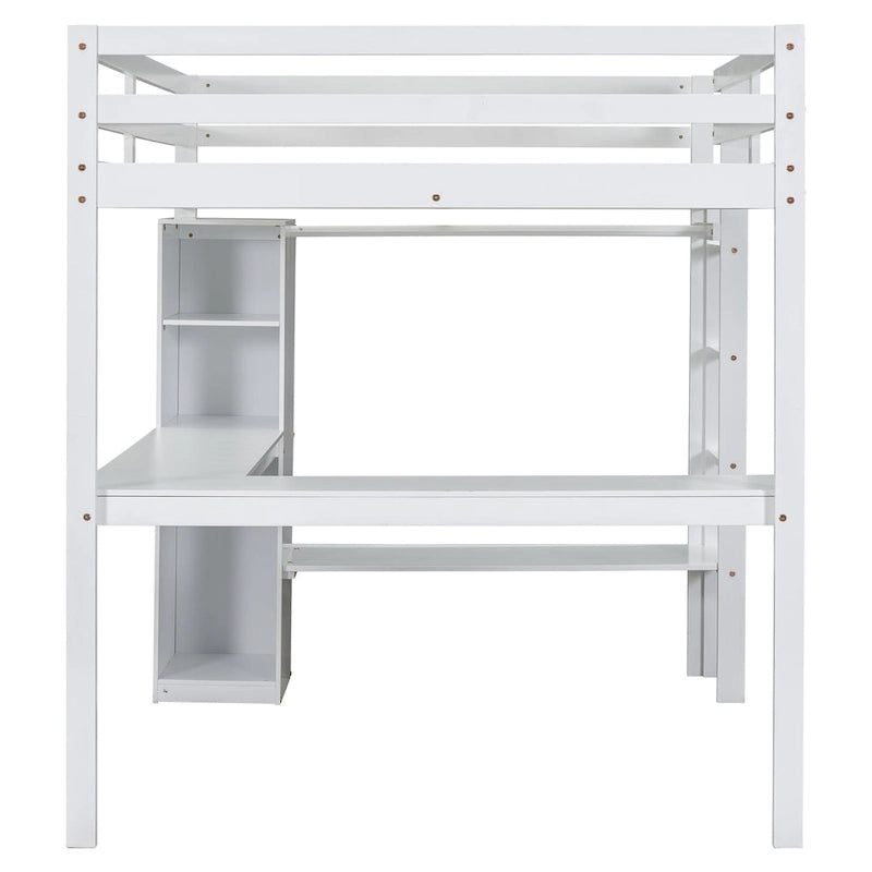 Solid Wood Loft Bed with L-Shaped Desk, Wardrobe and Storage Shelves
