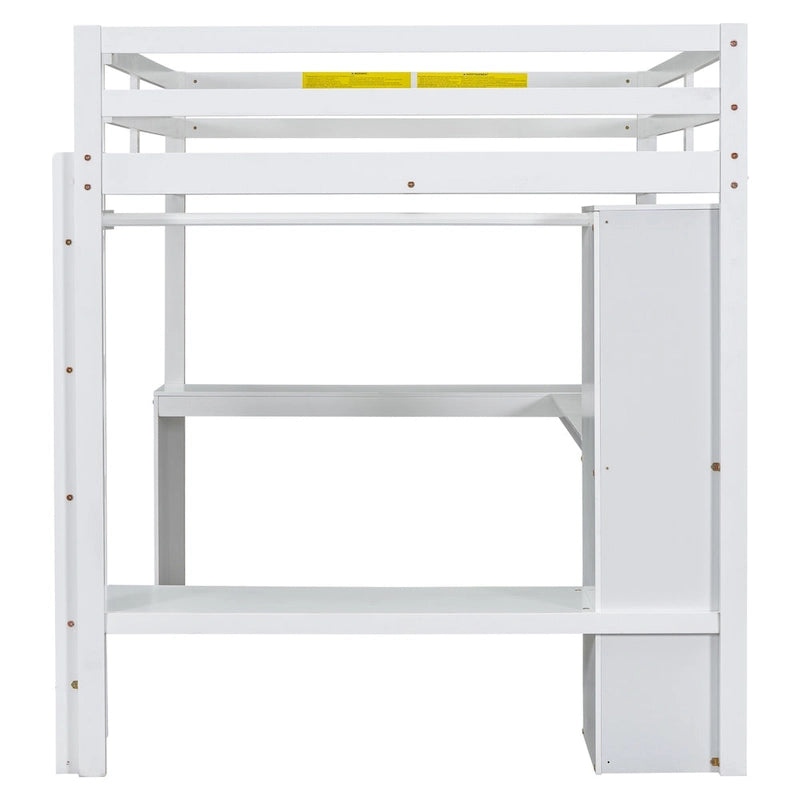 Solid Wood Loft Bed with L-Shaped Desk, Wardrobe and Storage Shelves