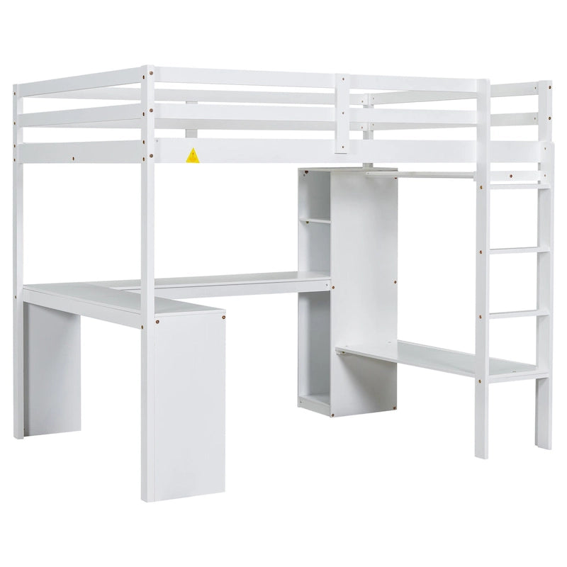 Solid Wood Loft Bed with L-Shaped Desk, Wardrobe and Storage Shelves