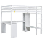 Solid Wood Loft Bed with L-Shaped Desk, Wardrobe and Storage Shelves