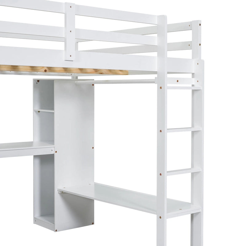 Solid Wood Loft Bed with L-Shaped Desk, Wardrobe and Storage Shelves