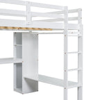 Solid Wood Loft Bed with L-Shaped Desk, Wardrobe and Storage Shelves