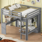 Solid Wood Loft Bed with L-Shaped Desk, Wardrobe and Storage Shelves