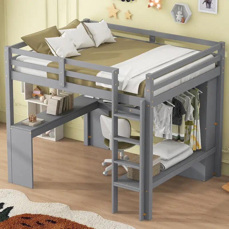 Solid Wood Loft Bed with L-Shaped Desk, Wardrobe and Storage Shelves
