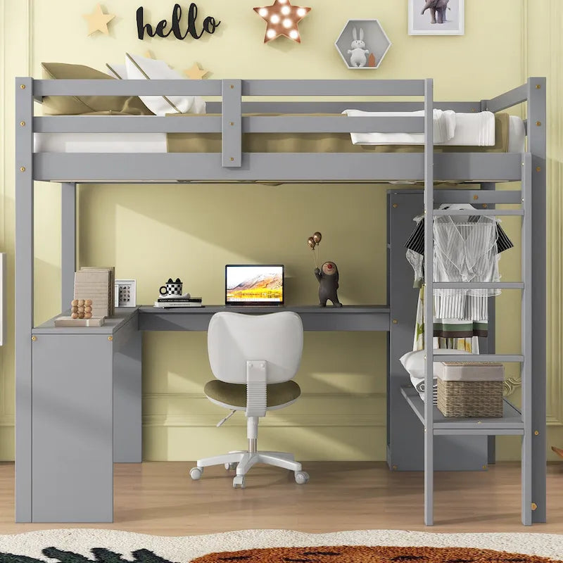 Solid Wood Loft Bed with L-Shaped Desk, Wardrobe and Storage Shelves