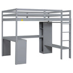 Solid Wood Loft Bed with L-Shaped Desk, Wardrobe and Storage Shelves