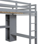 Solid Wood Loft Bed with L-Shaped Desk, Wardrobe and Storage Shelves