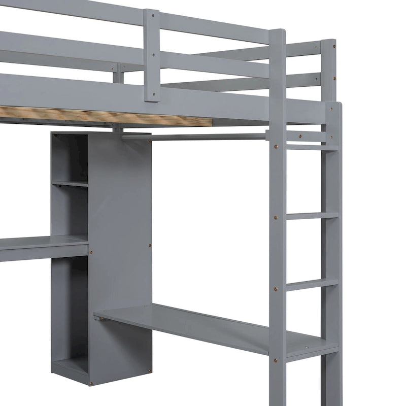 Solid Wood Loft Bed with L-Shaped Desk, Wardrobe and Storage Shelves