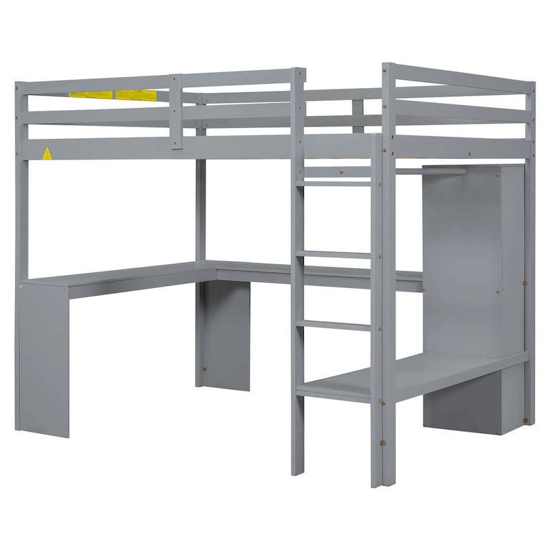 Solid Wood Loft Bed with L-Shaped Desk, Wardrobe and Storage Shelves