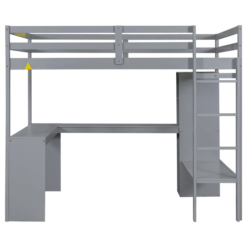 Solid Wood Loft Bed with L-Shaped Desk, Wardrobe and Storage Shelves