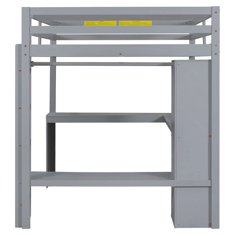 Solid Wood Loft Bed with L-Shaped Desk, Wardrobe and Storage Shelves