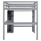 Solid Wood Loft Bed with L-Shaped Desk, Wardrobe and Storage Shelves