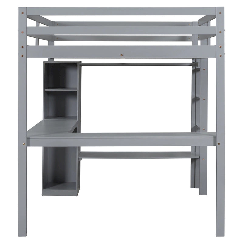 Solid Wood Loft Bed with L-Shaped Desk, Wardrobe and Storage Shelves