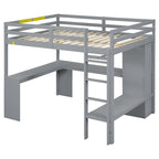 Solid Wood Loft Bed with L-Shaped Desk, Wardrobe and Storage Shelves