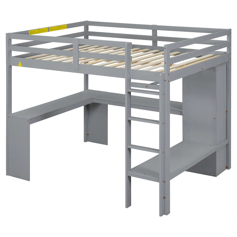 Solid Wood Loft Bed with L-Shaped Desk, Wardrobe and Storage Shelves