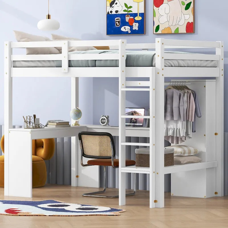 Solid Wood Loft Bed with L-Shaped Desk, Wardrobe and Storage Shelves