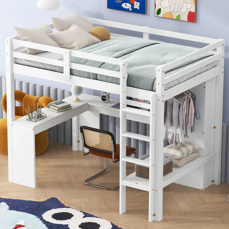 Solid Wood Loft Bed with L-Shaped Desk, Wardrobe and Storage Shelves