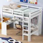 Solid Wood Loft Bed with L-Shaped Desk, Wardrobe and Storage Shelves