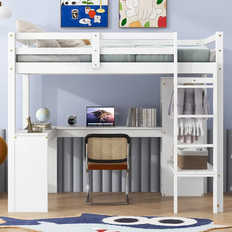 Solid Wood Loft Bed with L-Shaped Desk, Wardrobe and Storage Shelves