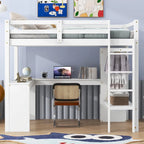 Solid Wood Loft Bed with L-Shaped Desk, Wardrobe and Storage Shelves