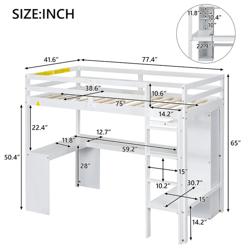 Solid Wood Loft Bed with L-Shaped Desk, Wardrobe and Storage Shelves