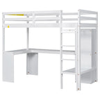 Solid Wood Loft Bed with L-Shaped Desk, Wardrobe and Storage Shelves