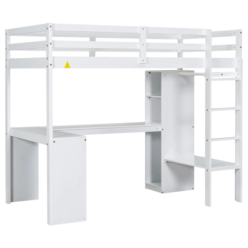 Solid Wood Loft Bed with L-Shaped Desk, Wardrobe and Storage Shelves
