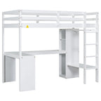 Solid Wood Loft Bed with L-Shaped Desk, Wardrobe and Storage Shelves