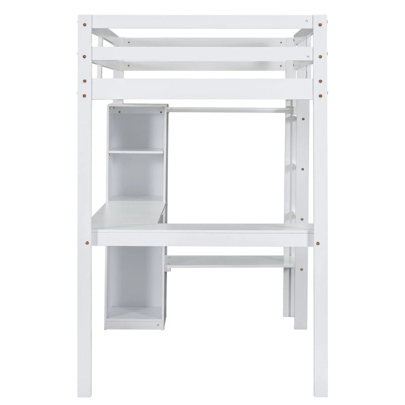 Solid Wood Loft Bed with L-Shaped Desk, Wardrobe and Storage Shelves
