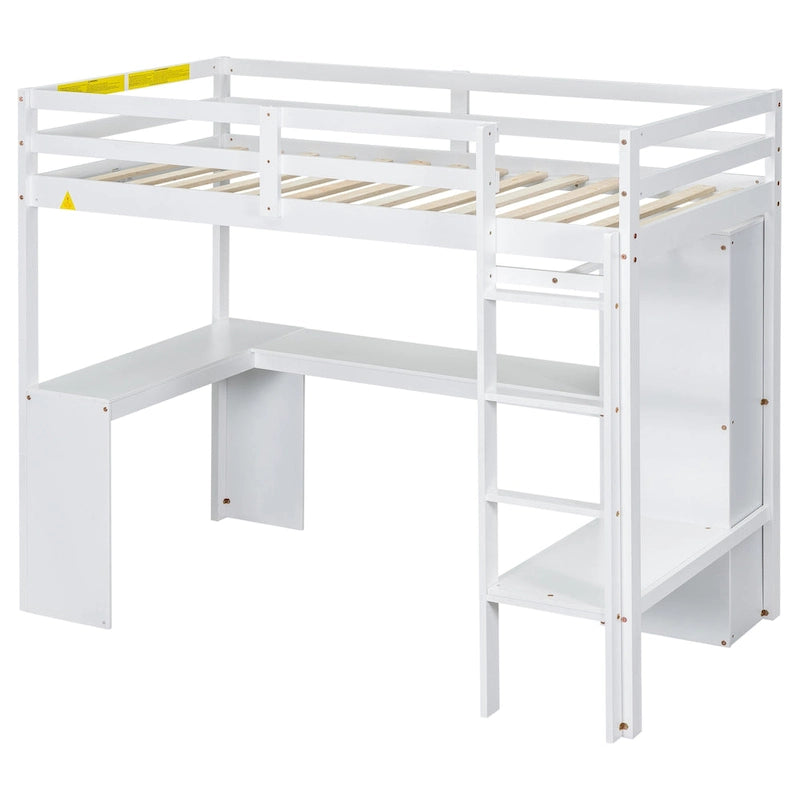 Solid Wood Loft Bed with L-Shaped Desk, Wardrobe and Storage Shelves