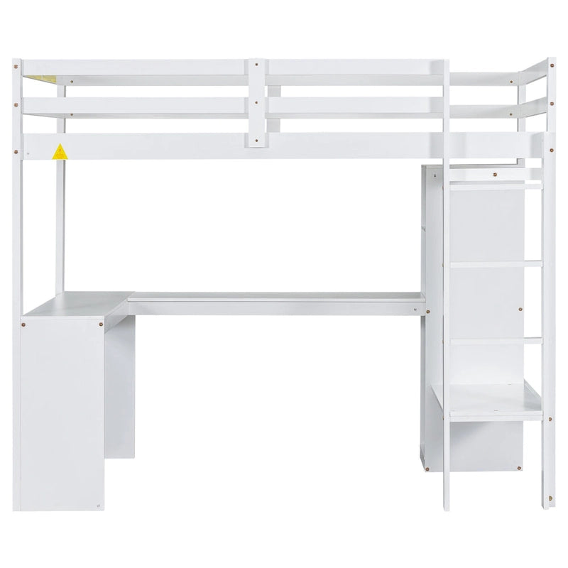 Solid Wood Loft Bed with L-Shaped Desk, Wardrobe and Storage Shelves