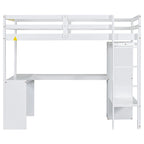 Solid Wood Loft Bed with L-Shaped Desk, Wardrobe and Storage Shelves