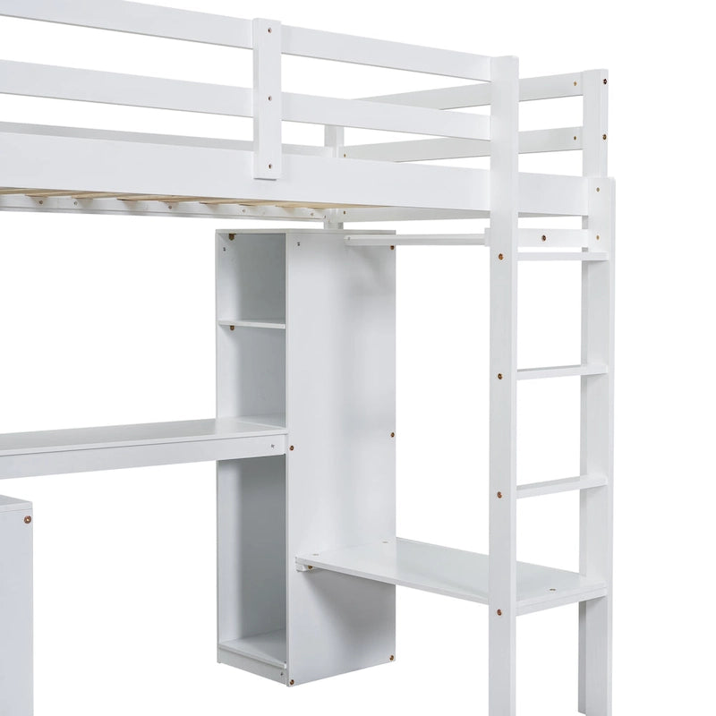 Solid Wood Loft Bed with L-Shaped Desk, Wardrobe and Storage Shelves