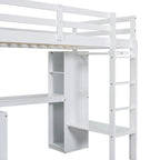 Solid Wood Loft Bed with L-Shaped Desk, Wardrobe and Storage Shelves