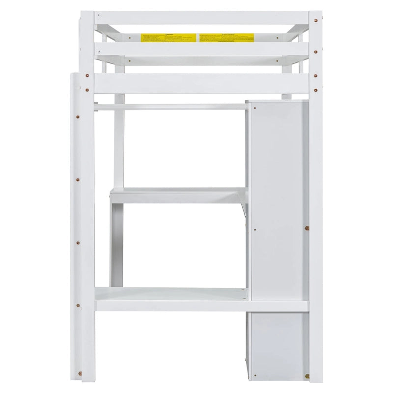 Solid Wood Loft Bed with L-Shaped Desk, Wardrobe and Storage Shelves
