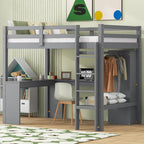 Solid Wood Loft Bed with L-Shaped Desk, Wardrobe and Storage Shelves