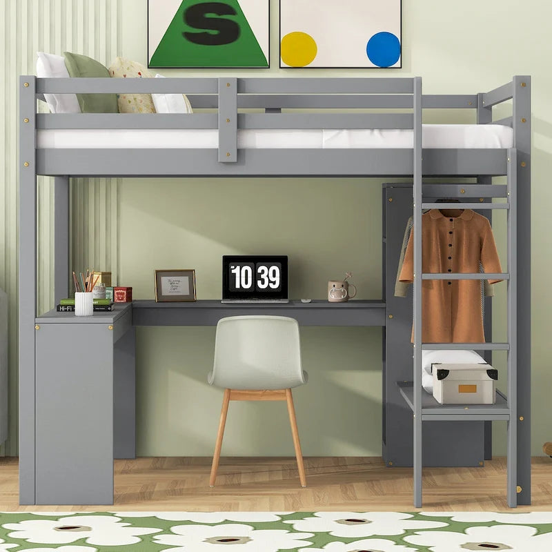 Solid Wood Loft Bed with L-Shaped Desk, Wardrobe and Storage Shelves