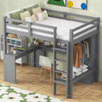 Solid Wood Loft Bed with L-Shaped Desk, Wardrobe and Storage Shelves